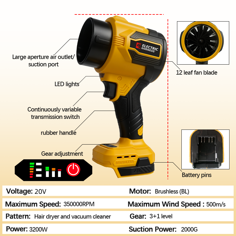 3200W Elektrische Turbo Blower - Cordless Leaf Blower Brushless 20V recensie en prijs
